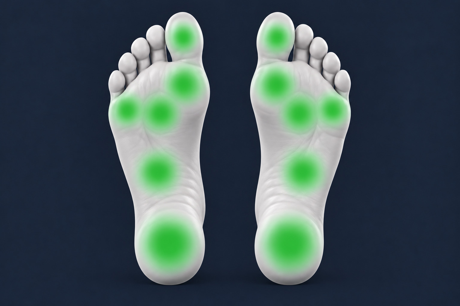 Piante dei due piedi con i sei punti di rilevazione dei sensori FSR per piede, evidenziati in verde