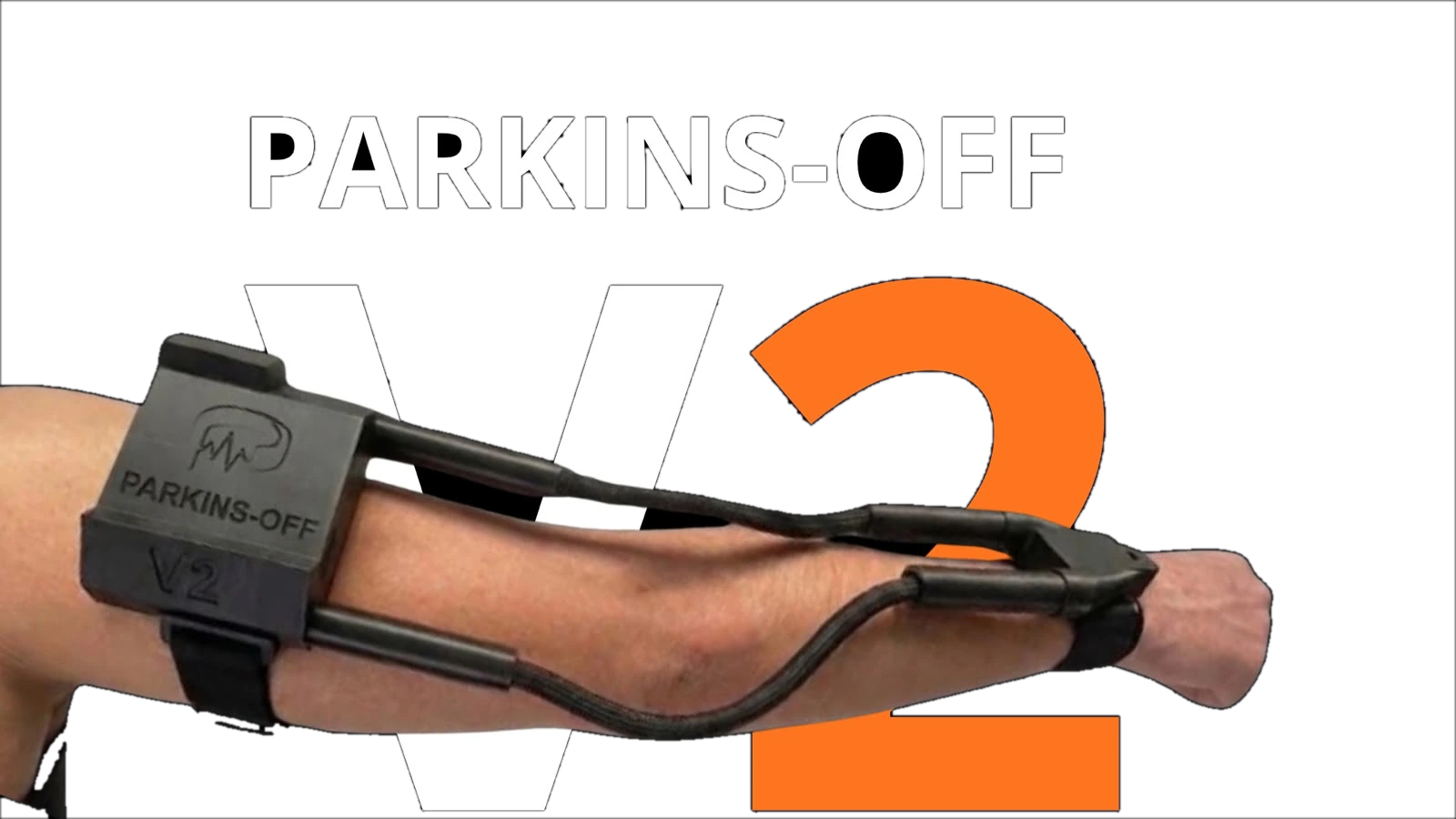 PARKINS-OFF V2: modulo indossato su braccio e polso, con la scritta V2